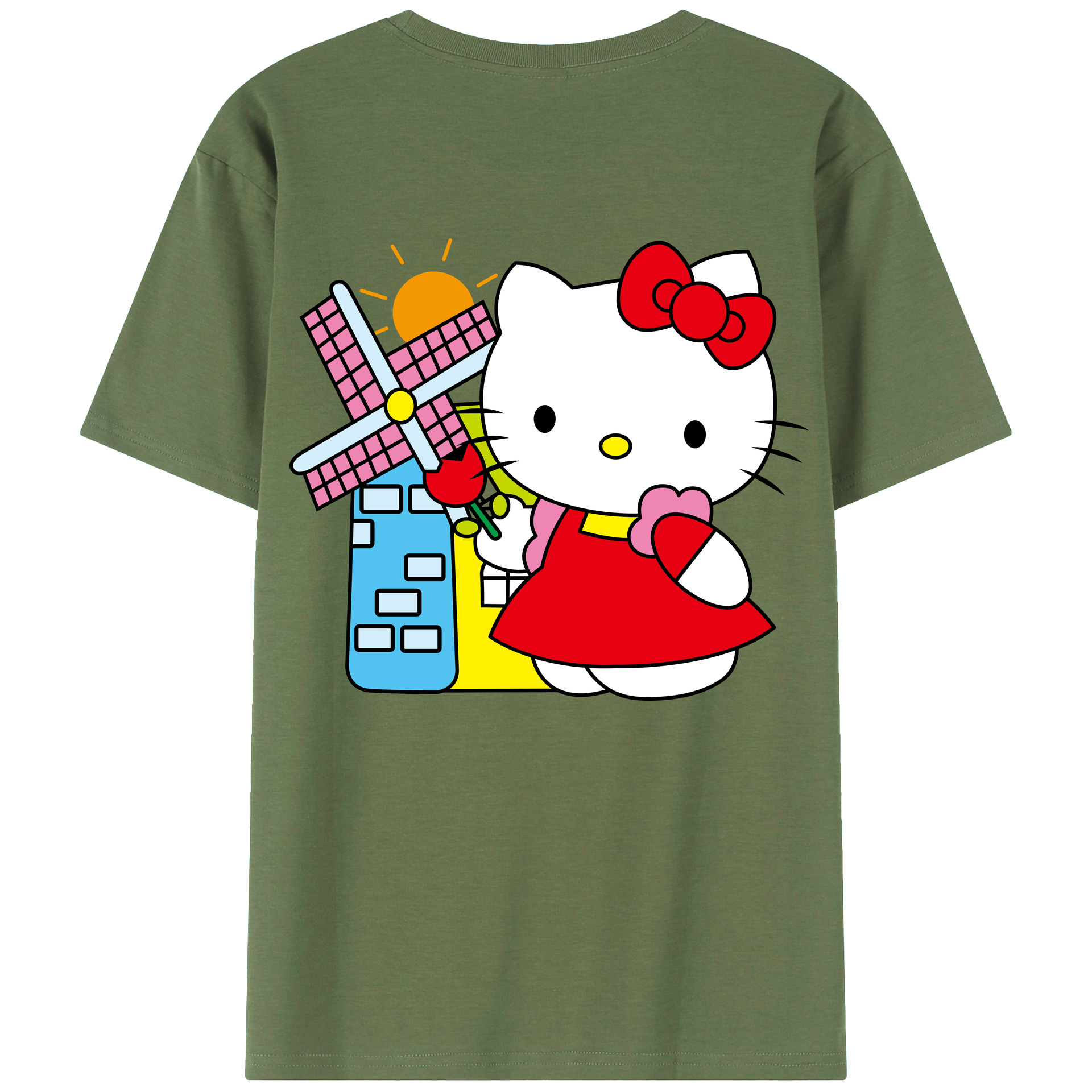 （画像用） Hello Kitty ハローキティ 綿100％ メンズ半袖Tシャツ（バックプリント） 通気性